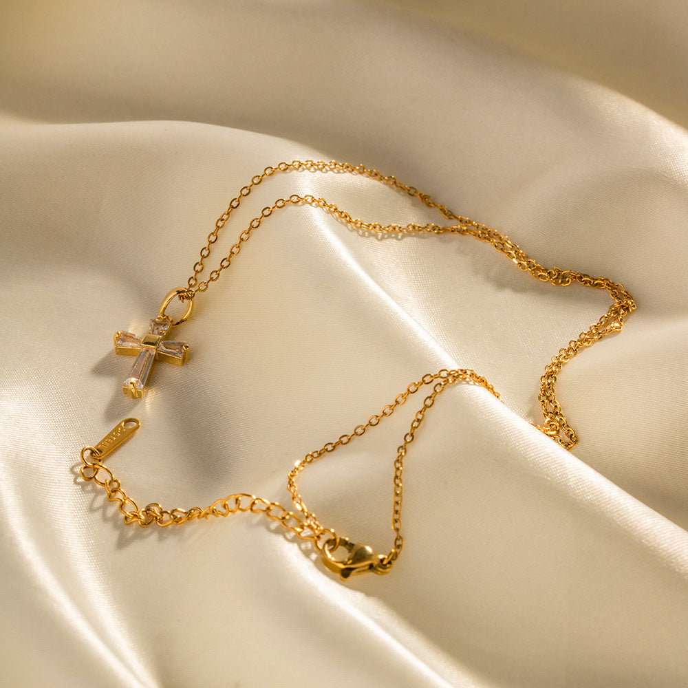 White Zircon Gold Cross Necklace